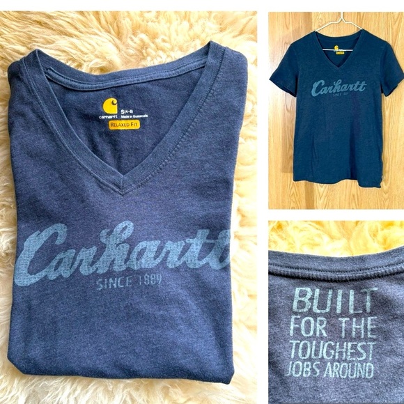 Carhartt Denim Blue Logo V-Neck Tee - Picture 1 of 6